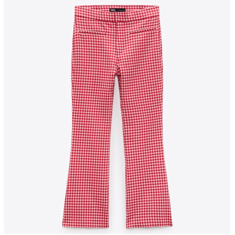 ZARA red and white gingham plaid mini flare crop pants M NEW